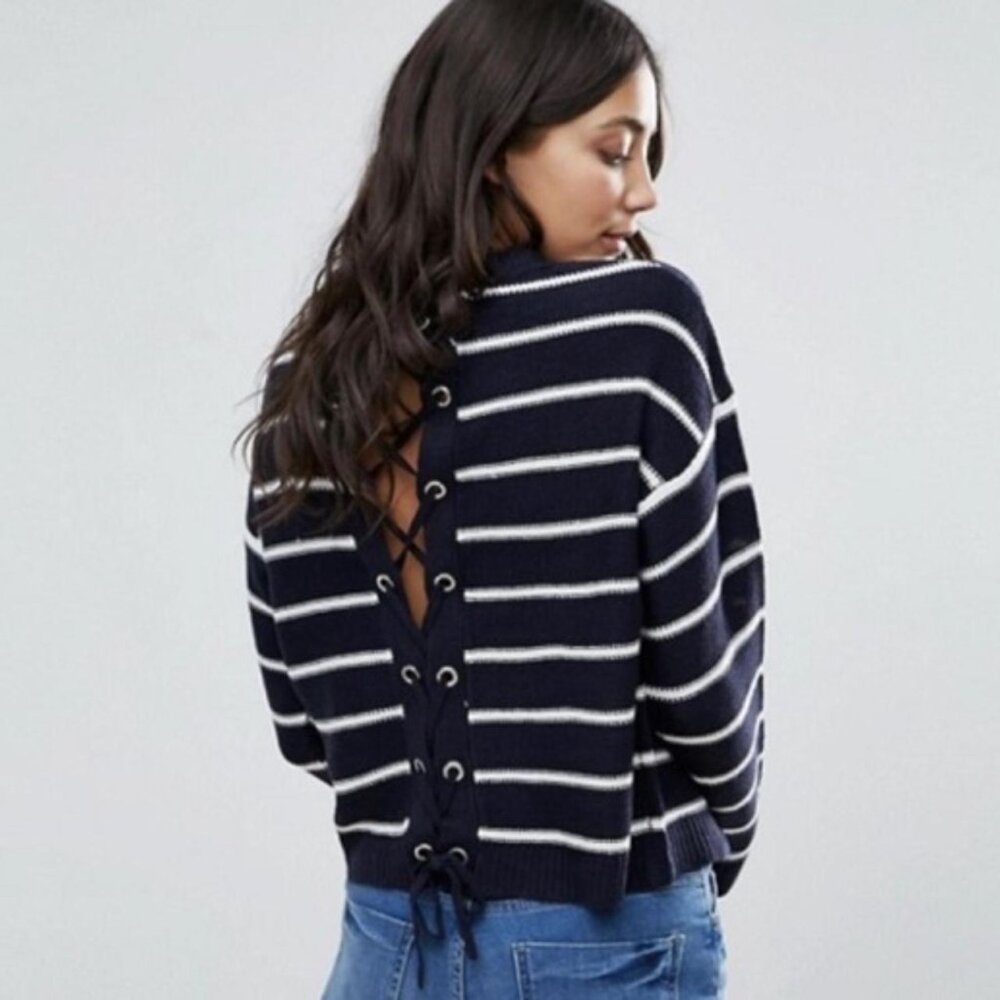 ASOS Brave Soul Stripe Lace Up Back Navy Sweater size M